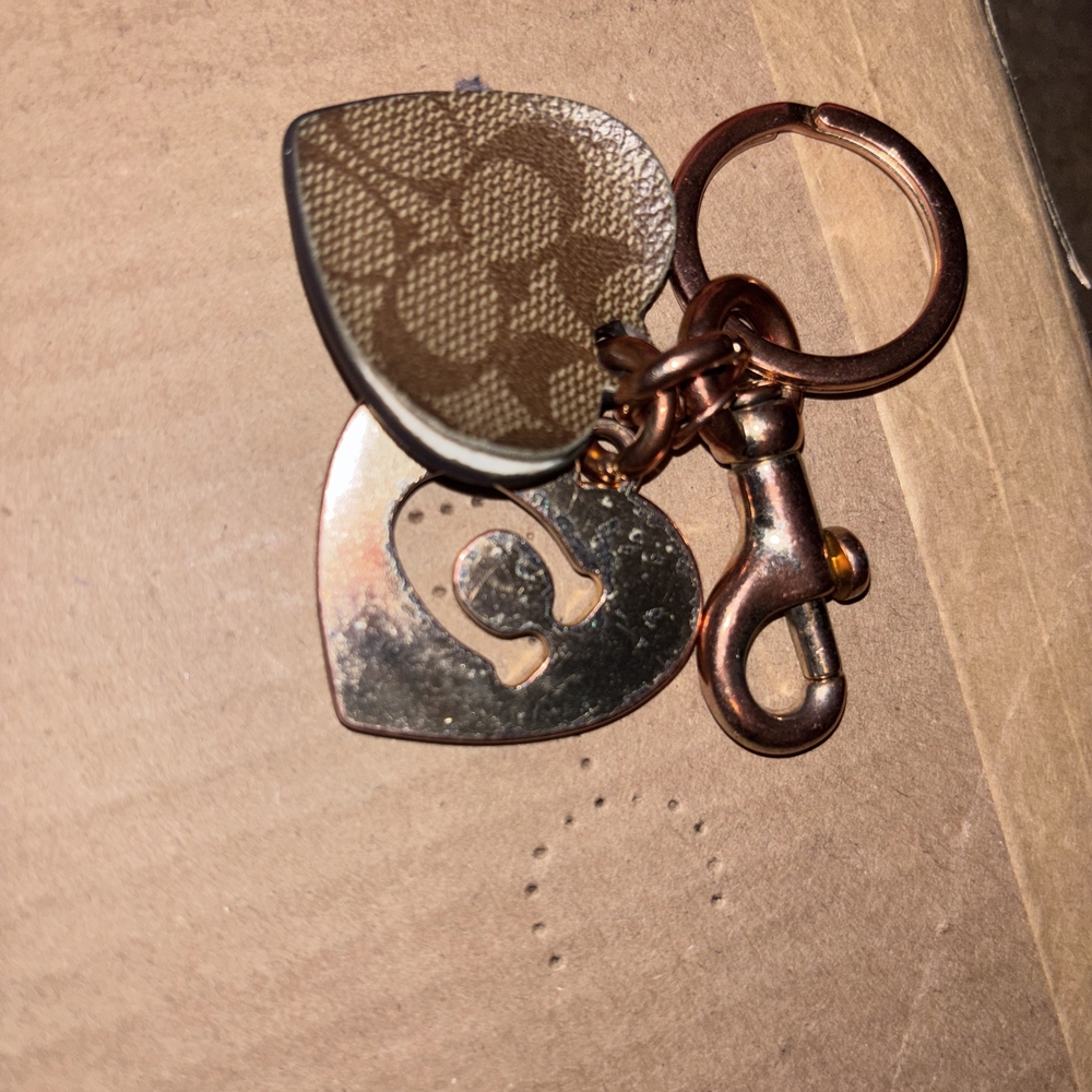 Coach Dual Heart Keychain in Brown and Gold - Picture 2 of 6